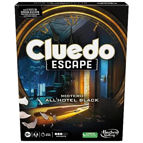 Cluedo Escape - Mistero all'Hotel Black, gioco da tavolo, gioco in versione escape room da risolvere 1 volta sola per 1-6 giocatori, giochi di mistero cooperativi