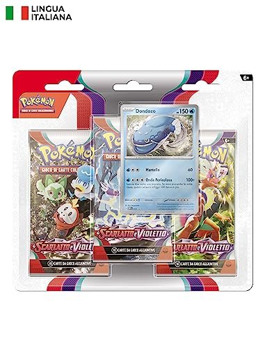 Confezione da tre buste dell’espansione Scarlatto e Violetto del GCC Pokémon (tre buste e carta promozionale olografica Dondozo), edizione in italiano