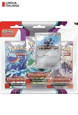 Three-Booster Pack Set (Varoom) for the Scarlet & Violet—Paldea Evolutions Pokémon TCG Expansion (three expansion booster packs plus one holographic promo card), Italian edition