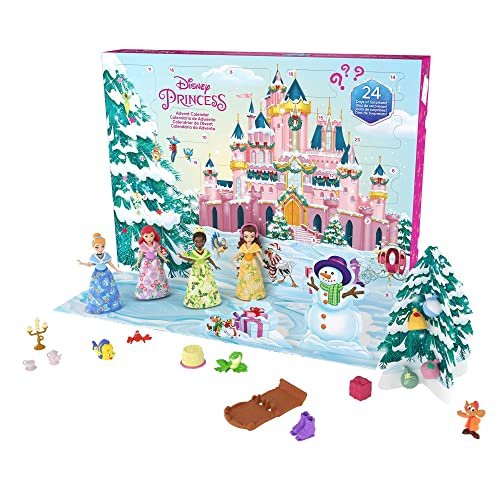 Disney Princess - Calendario dell'Avvento con 24 giorni di sorprese ispirate ai film Disney, tra cui 4 mini principesse, 5 amici personaggi e 16 accessori, giocattolo per bambini, 3+ anni, HLX06