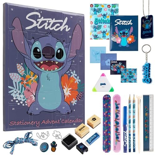 Disney Stitch Calendario Avvento 2023 - Calendario per Bambini Cubo di Cancelleria con Gadget Stitch Ufficiali Regali Disney per Bambine (Blu Stitch Cancelleria)