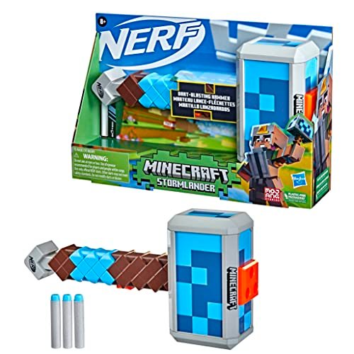 Hasbro Nerf Minecraft Martello Lancia Dardi Stormlander, Lancia 3 Dardi, Include 3 Dardi Nerf Elite, Impugnatura Di Armamento A Retroazione, Multicolore