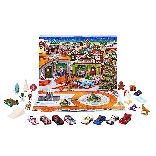 Hot Wheels - Calendario dell'Avvento 2023, 8 macchinine Hot Wheels, 16 accessori a tema invernale con 24 porticine numerate e tappetino gioco, giocattolo per bambini, 3+ anni, HKL74