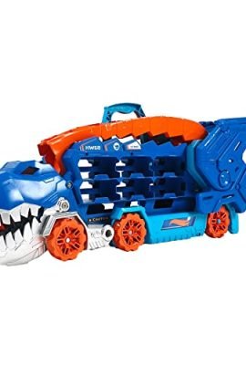 Hot Wheels City – Mega Dino Transporter: Transforming Race Track That Becomes a T-Rex, Playset with Lights & Sounds, Storage Box for 20 x 1:64-Scale Vehicles, Toy for Kids Ages 4+, HNG50