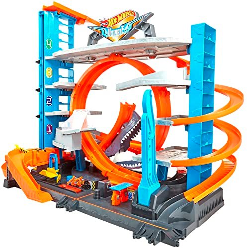Hot Wheels City Garage delle Acrobazie, Playset con Pista Collegabile, Con Ascensore e Squalo, Spazio per +90 Macchinine, Regalo Bambini 5+ Anni, Esclusivo Amazon