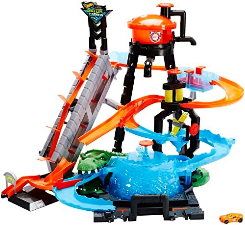 Hot Wheels Mega Autolavaggio Playset per Macchinine con Pista Selvaggia e Coccodrillo, Torre dell'Acqua, Vasca del Vortice, Un Veicolo Cambiacolore, FTB67
