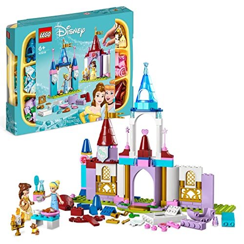LEGO 43219 Disney Princess Castelli Creativi, Set con Castello Giocattolo, Mini Bamboline delle Principesse Belle e Cenerentola, Giochi da Viaggio per Bambine e Bambini