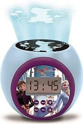 Lexibook Disney Frozen 2 Alarm Clock with Projector – Anna & Elsa, Snooze Function, Night Light with Timer, LCD Screen, Battery-Powered, Blue/Purple, Color