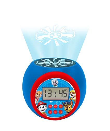 Lexibook, Sveglia con Proiettore Paw Patrol Marshall, Rubble, Chase, Stella ed Everest con Snooze Funzione , Luce Notturna con Timer, Schermo LCD, a Batteria, Blu / Rosso, RL977PA
