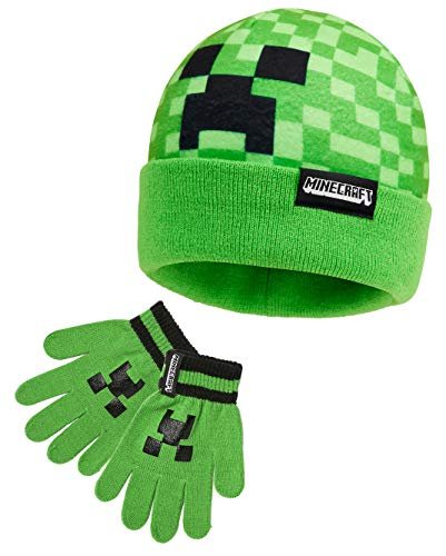 MINECRAFT Cappello Bambino - Set Invernale Cappello Sciarpa Guanti per Bambini Gadget Regali per Gamer (Verde 2 Pezzi)