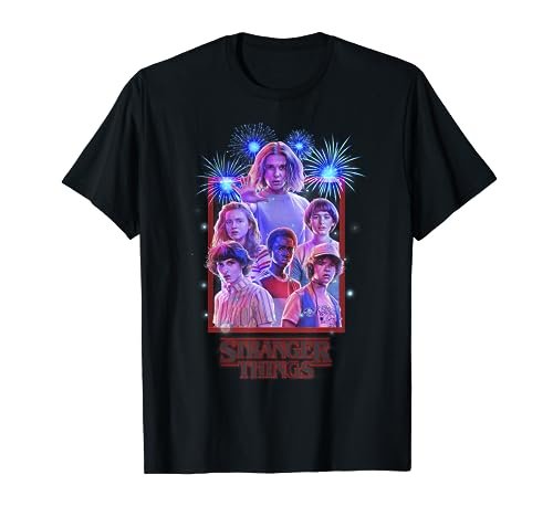 Netflix Stranger Things Group Shot Fireworks Poster Maglietta