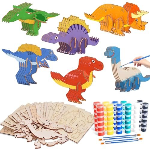Palwin 52 Pezzi Lavoretti Creativi per Bambini, Kit Dinosauri Fai da Te in Legno, Dinosauri in Legno con Penne Colorate, Lavoretti Creativi Dino per Bambini Compleanno, Festa dei Dinosauri