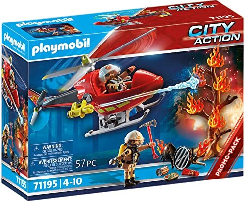 Playmobil City Action 71195 Elicottero dei Vigili del Fuoco, Elicottero dei Pompieri con Cannone Estintore, Giocattolo per Bambini dai 4 Anni in su, Nero