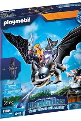PLAYMOBIL DreamWorks Dragons 71081 Dragons: The Nine Realms - Thunder & Tom, Character from Dragons and Dragon Toy with Shooting Function and Light-Up Module, Toy for Children Ages 4+