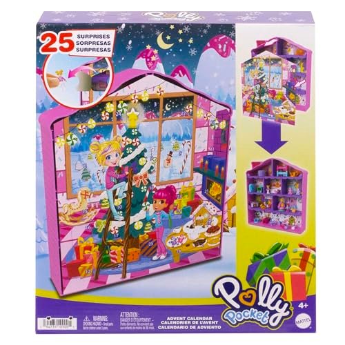 Polly Pocket - Calendario dell'Avvento, Playset Casa di Pan di Zenzero con 25 Soprese a Tema invernale, include 2 Bambole e tanti Accessori, Giocattolo per Bambini, 4+ Anni, HKW16
