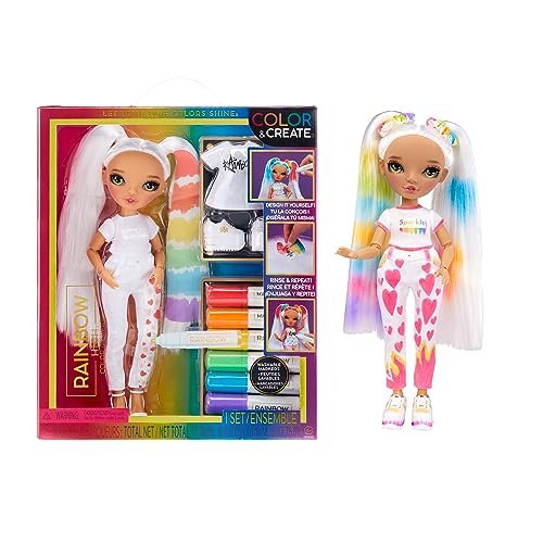Rainbow High Colour & Create Fashion DIY Doll - Occhi verdi, coda di cavallo, top e scarpe in regalo, pennarelli arcobaleno lavabili - Colora, crea, gioca, risciacqua, ripeti - Età 4-12