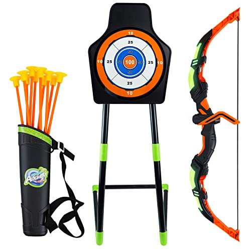 RedCrab Arco e Frecce per Bambini con Luci LED, Set di Giocattoli con Arco e Frecce con 10 Ventosa Frecce, 1 Arco, 1 Obiettivo in Piedi e Faretra Bersaglio, Giochi al Chiuso e All'aperto