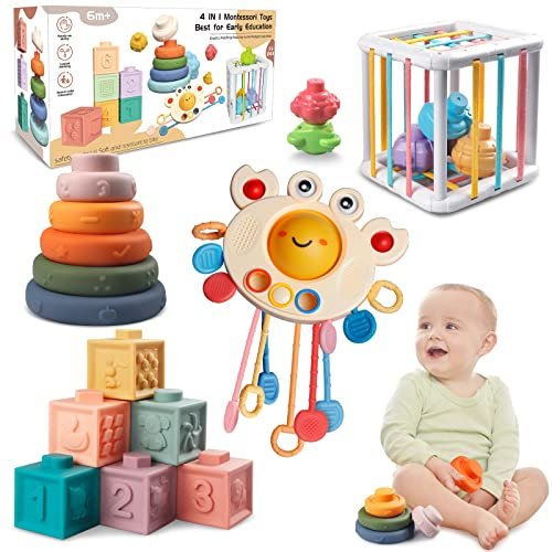 Aliex Giochi Montessori Neonato 6 Mesi - 3 Anno, 4 in 1 Gioco | Forme Sensoriali | Cubi impilabili | Giochini Regalo Bambino e Bambina 6 9 12 Mesi 1 2 3 Anno