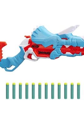 Blaster Nerf DinoSquad Tricera-blast, featuring a 3-dart magazine, 12 Nerf darts, dart holder, and a Triceratops dinosaur design!