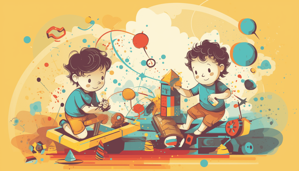 Children's toys illustration of two children playing with montessori toys and board games