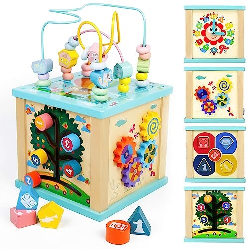Fajiabao Giochi Bambini 1 Anno - Multiattivita Legno 5 in 1 Giochi Montessori 1 Anno Regalo Natale Bimba 1 2 3 Anno Cubo Interattivo Gioco Educativi per Lo Sviluppo Cognitivo