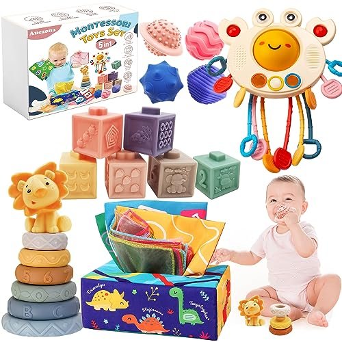 Giochi Montessori Neonato 6 Mesi - 3 Anno, 5 in 1 Giocattoli Sensoriali Granchio, Blocchi Impilabili, per Bambini 1 Anno, Giochini Regalo