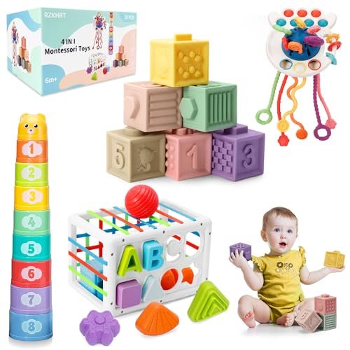Giochi Neonato 6 9 12 Mesi, 4 in 1 Giochi Montessori 1 Anno, Giocattoli Sensoriali Bambini, Blocchi Tazze Impilabili, Cubo di Abilità Motorie, Giochi Educativi, Regalo Bambino e Bambina