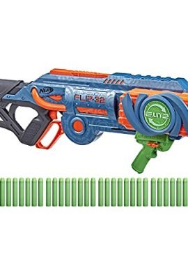 Hasbro Nerf Elite 2.0 – Flipshots Flip-32: The Con 32 Blaster features a unique flip-up barrel design that doubles the launch power, offering an impressive capacity of 32 darts. Includes 32 Nerf Elite darts.