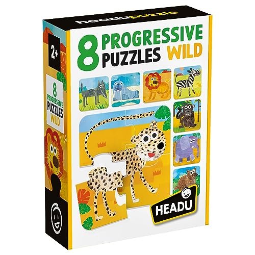 Headu 8 Progressive Puzzles Wild Grandi Pezzi Adatti ai più Piccoli Mu55607 Puzzle Educativi per Bambini età 2+ Made in Italy