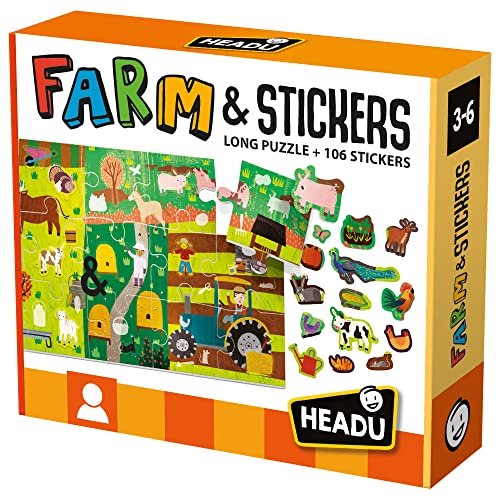 Headu Puzzle + Stickers The Farm Un Puzzle Lungo Da Completare Con Gli Stickers Mu24926 Gioco Educativo Per Bambini 3-6 Anni Made In Italy