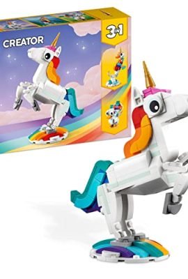LEGO 31140 Creator Magic Unicorn with Rainbow, Christmas Gift Idea, 3-in-1 Set with Fantastic Animal Toys for Boys and Girls, Seahorse & Peacock
