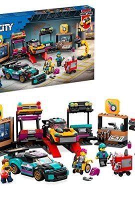 LEGO 60389 City Garage Custom Car, Set with 2 Customizable Toy Cars, Gift Idea for Boys and Girls, Kids and Teens with Workshop and 4 Minifigures