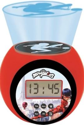 Lexibook, Miraculous Ladybug Chat Noir Alarm Clock with Projector and Snooze Function, Night Light with Timer, LCD Display, Battery-Powered, Red/Black, RL977MI