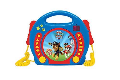 Lexibook PAW Patrol Helper su lettore CD Four Paws Chase con 2 microfoni integrati, funzione di programmazione, jack per cuffie, per bambini, alimentazione AC o batteria, blu/rosso, ausiliario