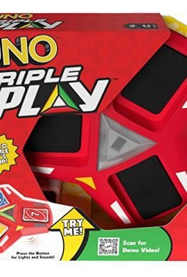 Mattel Games - UNO Triple Play Card Game with Card Holder, LED Lights & Sounds, Toy for Kids, Teens & Adults 7+ Years, HCC21