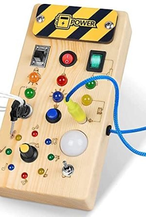 Montessori Busy Board Activity Board from 1 Year Old – Montessori Wooden Toy with 8 LED Switches, Sensory Educational Toy for Babies and Children Ages 1, 2, 3, and 4!