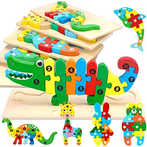 MOOING Puzzle in Legno per Bambini, 6 Pezzi Animali Giochi Montessori Bambini, 3D Legno Giocattoli Bambini, Giocattoli Animali da Puzzle 1 2 3 4 Anni, Puzzle Legno Giocattoli Educativi per le Abilità