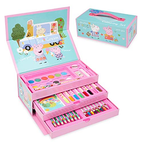Peppa Pig Valigetta Colori per Bambini, Kit Colori per Disegnare e Dipingere, Set Pennarelli Bambini + Matite Pastelli Acquerelli, Regali Creativi Per Bambina