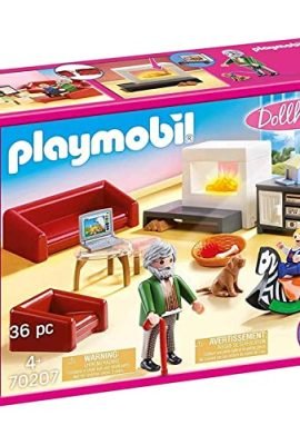 PLAYMOBIL Dollhouse 70207, Living Room with Fireplace, Includes Light Effects, Ages 4+