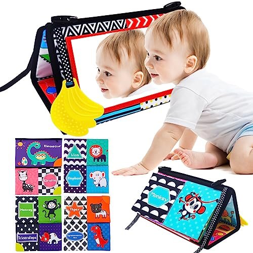 Specchio Giocattolo Montessori, Specchio Risveglio Bambini in Tessuto Stropicciato e Anello per la Dentizione, Libro Neonato Sensoriale Stoffa Colorato Animali, Gioco Risveglio per Bimbi da 0 a 6 Mesi