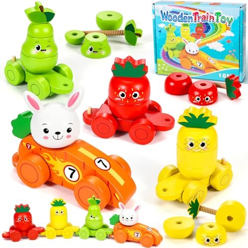 Subtail Giochi Montessori Animali e Frutta Auto di Legno - Gioco Impilabile per Neonati con Coniglio | Carota | Fragola | Ananas | Pera - Idea Regalo per Bambina e Bambino da 2 3 4 5 6 Anni