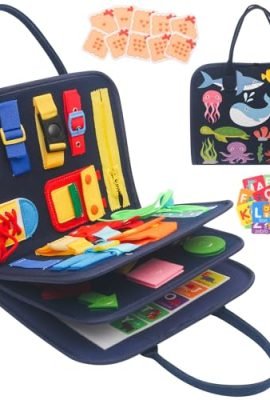 Withosent Busy Board for Kids, 4 Layers Montessori Toys, Montessori Sensory Panel, Educational Games for 3–4 Year Olds with Buckles, Zippers, Laces, Buttons, a Clock, and the Alphabet