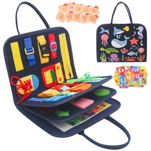 Withosent Busy Board per Bambini,4 Strati Giochi Montessori,Pannello Sensoriale Montessori, Giochi Educativi 3 4 Anni con Fibbie,Cerniere,Lacci, Bottoni,Orologio, Alfabeto