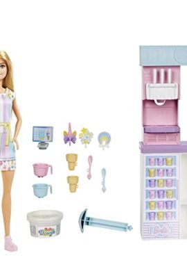 Barbie - Ice Cream Shop Playset with Doll, Ice Cream Machine, Accessories, 2 Types of Modeling Clay, Toy & Gift for Kids 4+ Years, HCN46