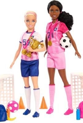 Barbie Career – Soccer Players, Playset with Barbie Brooklyn and Petite Blonde Soccer Doll, 15 Accessories Included, Including 2 Soccer Nets and 2 Soccer Balls, Toy for Kids, 3+ Years, HRG88