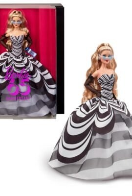 Barbie Signature 65th Anniversary – Glamour Collector’s Doll with Blonde Hair, Black and White Dress, Sapphire Earrings, and Sunglasses, Toy for Kids, Ages 6+, HRM58
