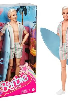 Barbie The Movie - Ken, Movie Doll Collection with Pastel Pink and Green Striped Beach Outfit, Surfboard, and White Sneakers, Toy for Kids, 3+ Years, HPJ97