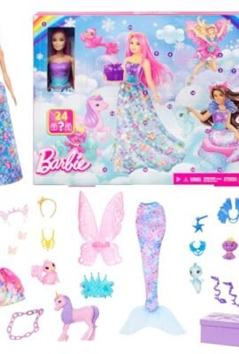 Barbie - Dreamtopia Advent Calendar, Barbie doll with pink hair and 24 surprise accessories included, featuring a unicorn and 3 puppies, children's toy, ages 3+, HRG90