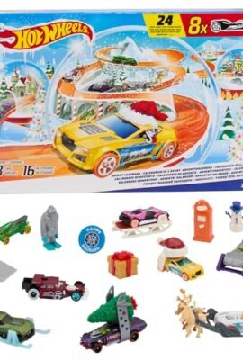 Hot Wheels - Advent Calendar 2024, 24 numbered windows filled with surprises and a Play Mat, 8 cars and 16 winter-themed accessories, toy for kids aged 3+, HTG00
