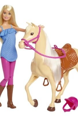 Barbie - Doll and Horse Playset, includes a blonde, jointed Barbie with a bobbed hairstyle and her brown horse with removable saddle and reins, toy for children, 3+ years, FXH13